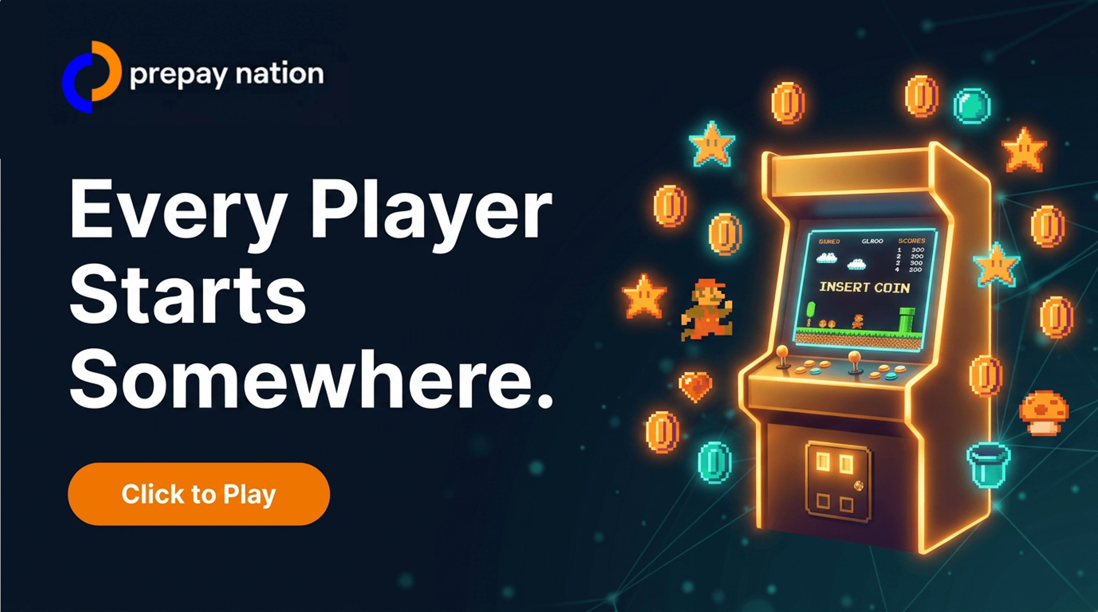 Retro Golden Arcade Machine with Floating Pixel Coins and Gaming Icons